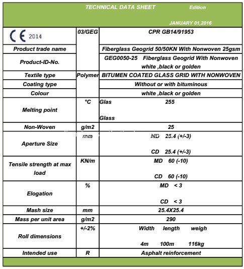 TDS-FIberglass Geogrid50-50 KN WITH NONWOVEN