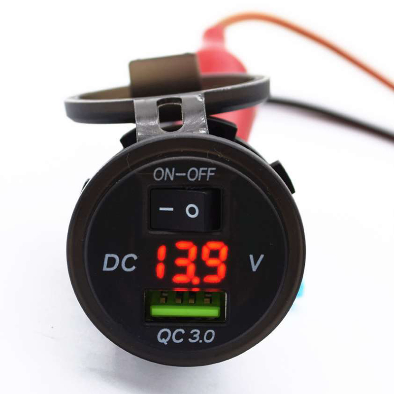 Aluminum Waterproof QC3.0 Car Charger USB Outlet Socket 12V/24V Red LED Digital Voltmeter with On/Off Switch1