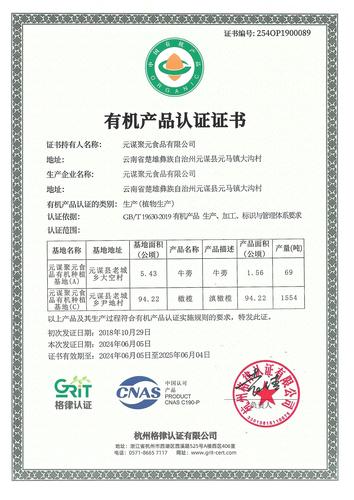 Organic Product Certification Certificate