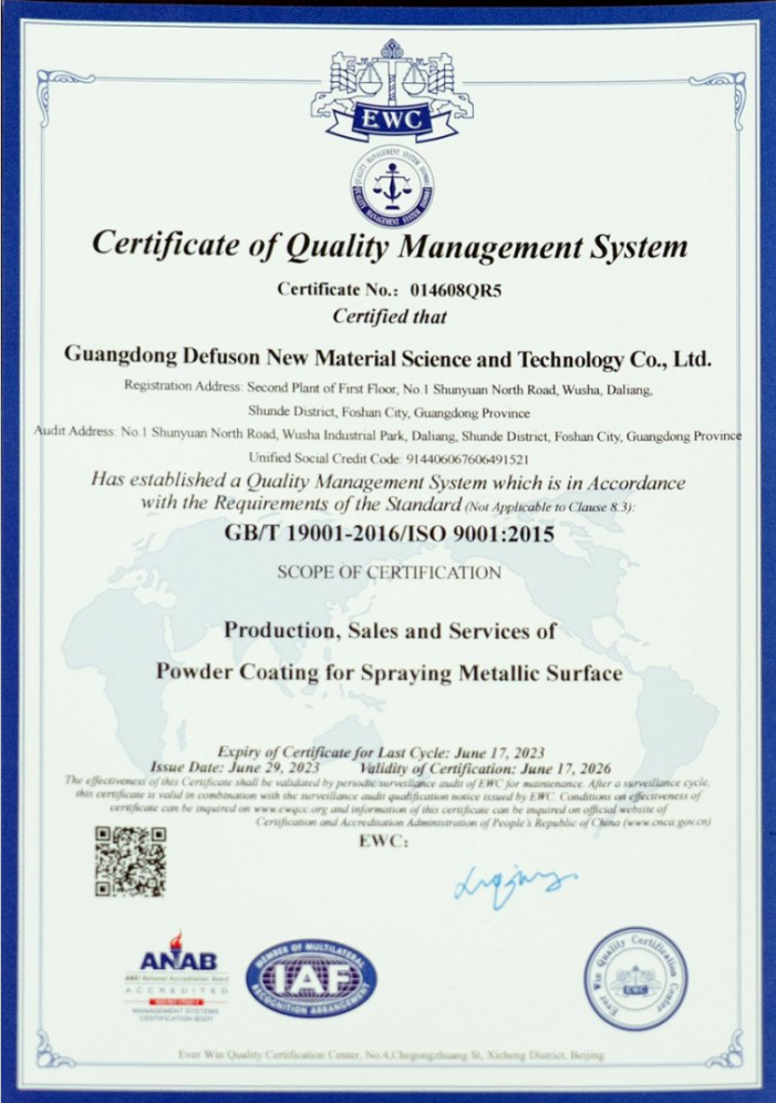 Certificate of quality management system ISO9001