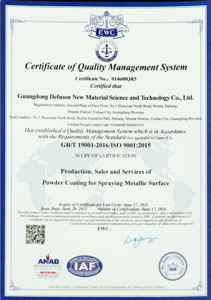 Certificates - Guangdong Defuson Powder Coatings Co., Ltd.
