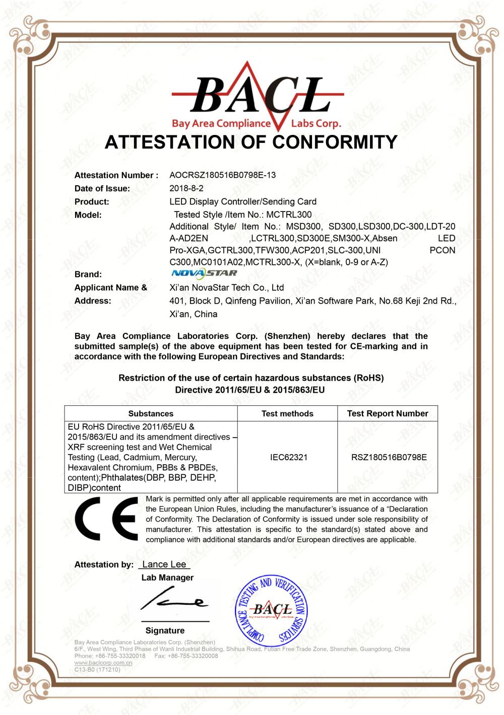 Attestation of Conformity for Controller