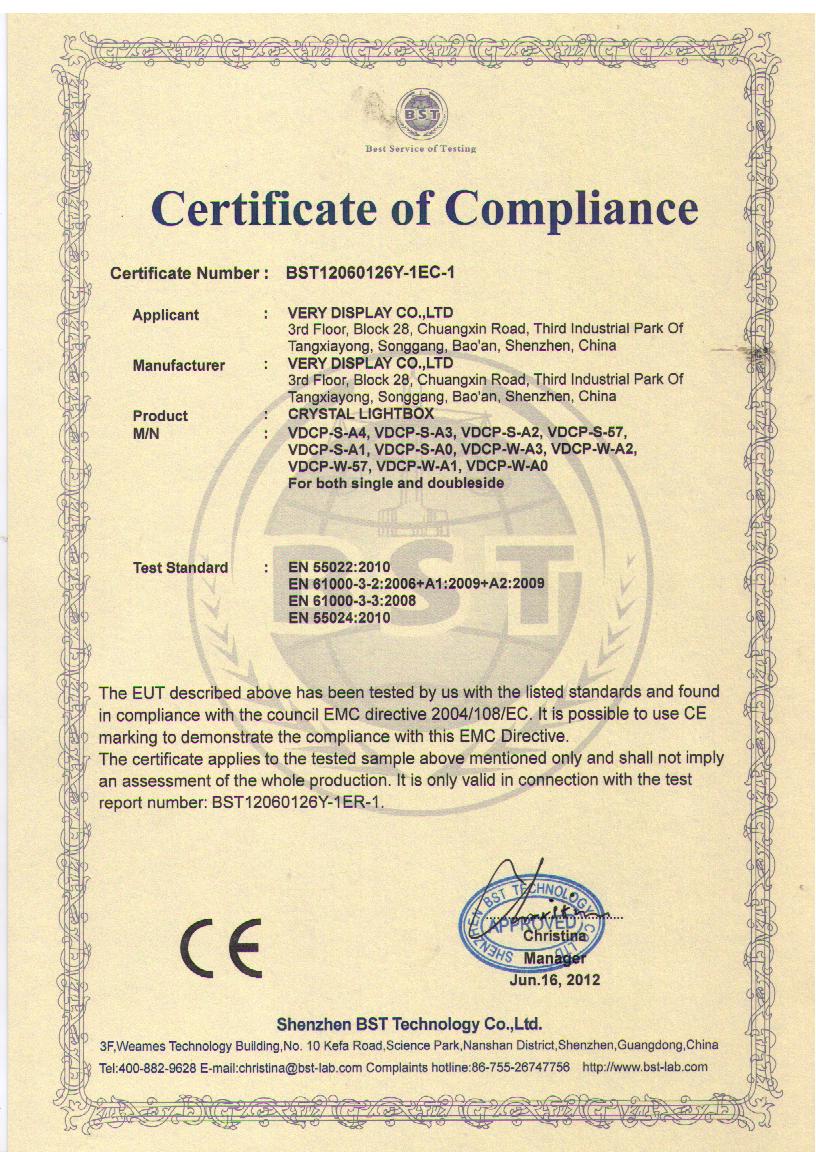 CE certificates for Acrylic signs
