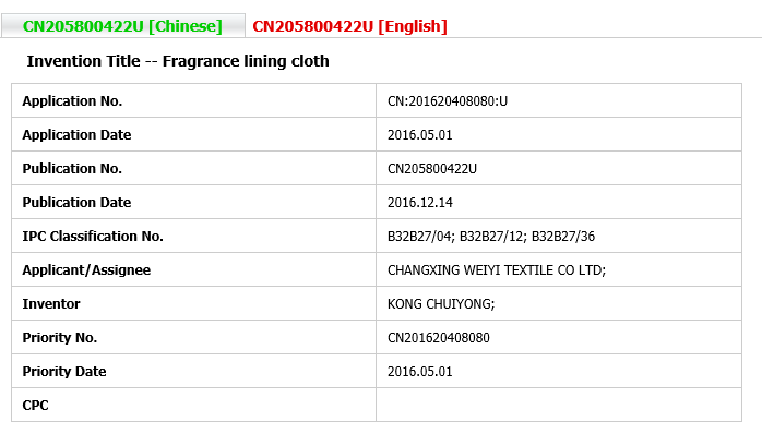 PATENT-Fragrance lining cloth