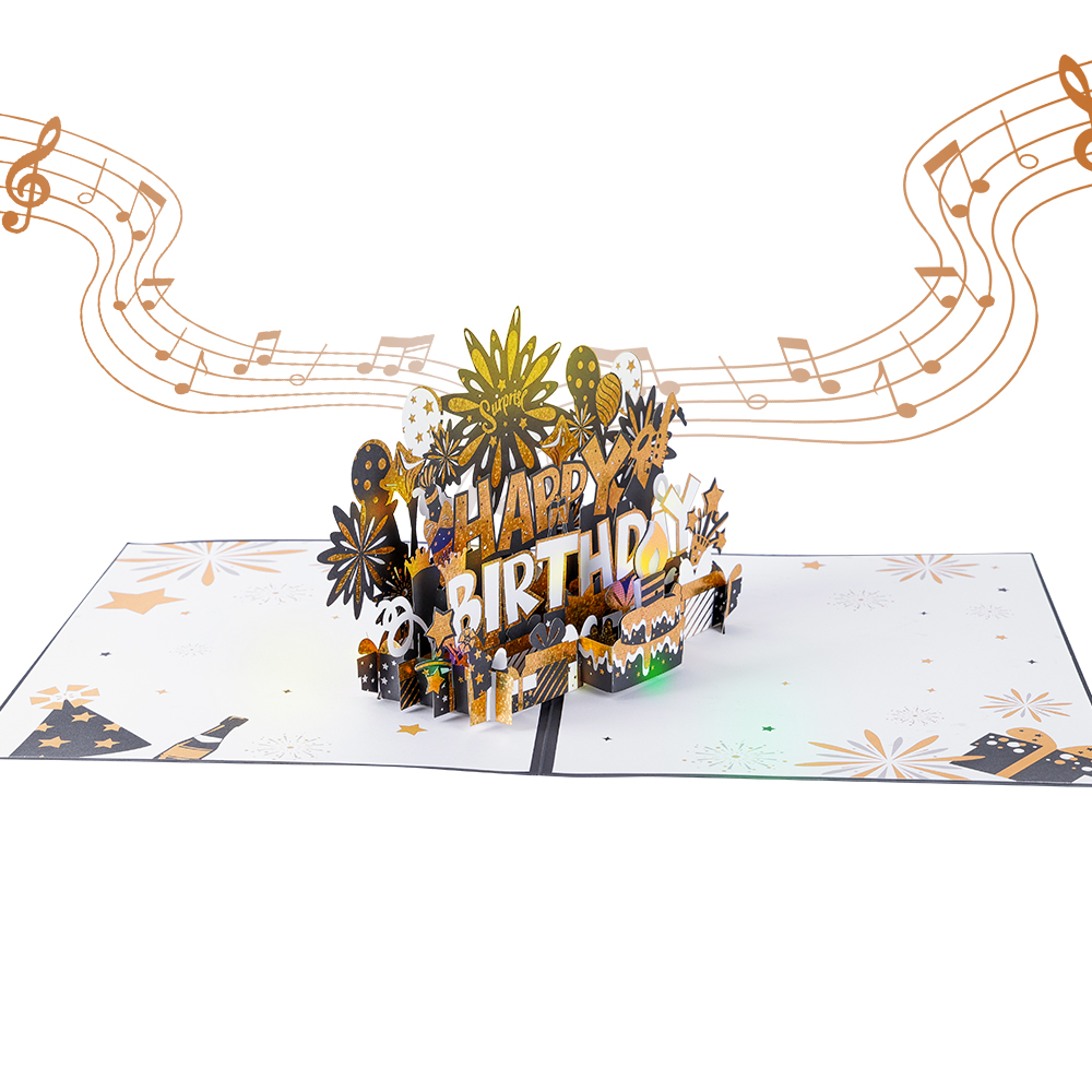 Biglietto popup 3D di buon compleanno con luci musicali
