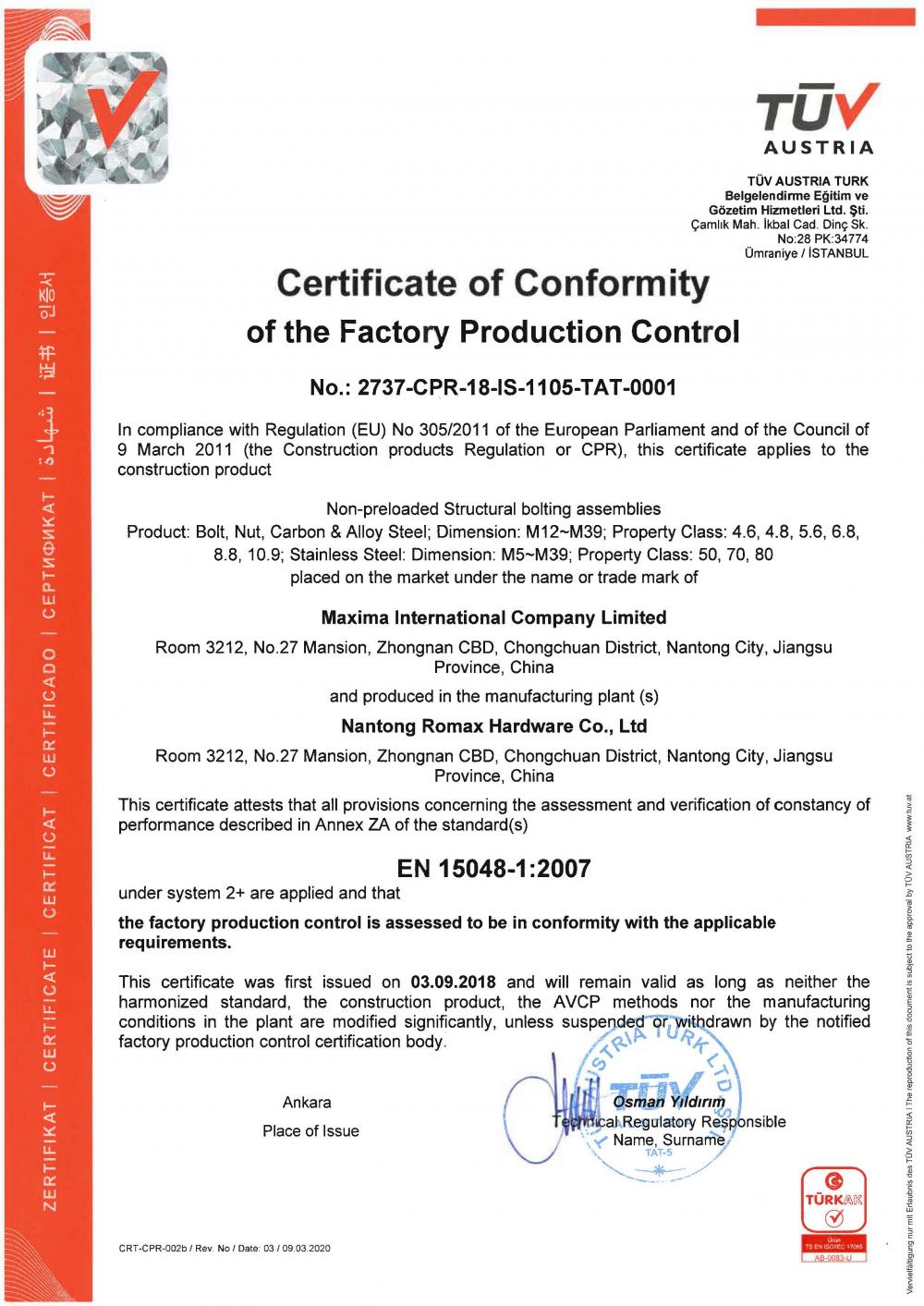 EN 15048 CERTIFICATE OF CONFORMITY OF THE FACTORY PRODUCTION CONTROL