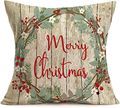 Retro Wood Grain Merry Christmas  with Flower Wreath Pattern Cotton Linen Square Throw Pillow Covers1