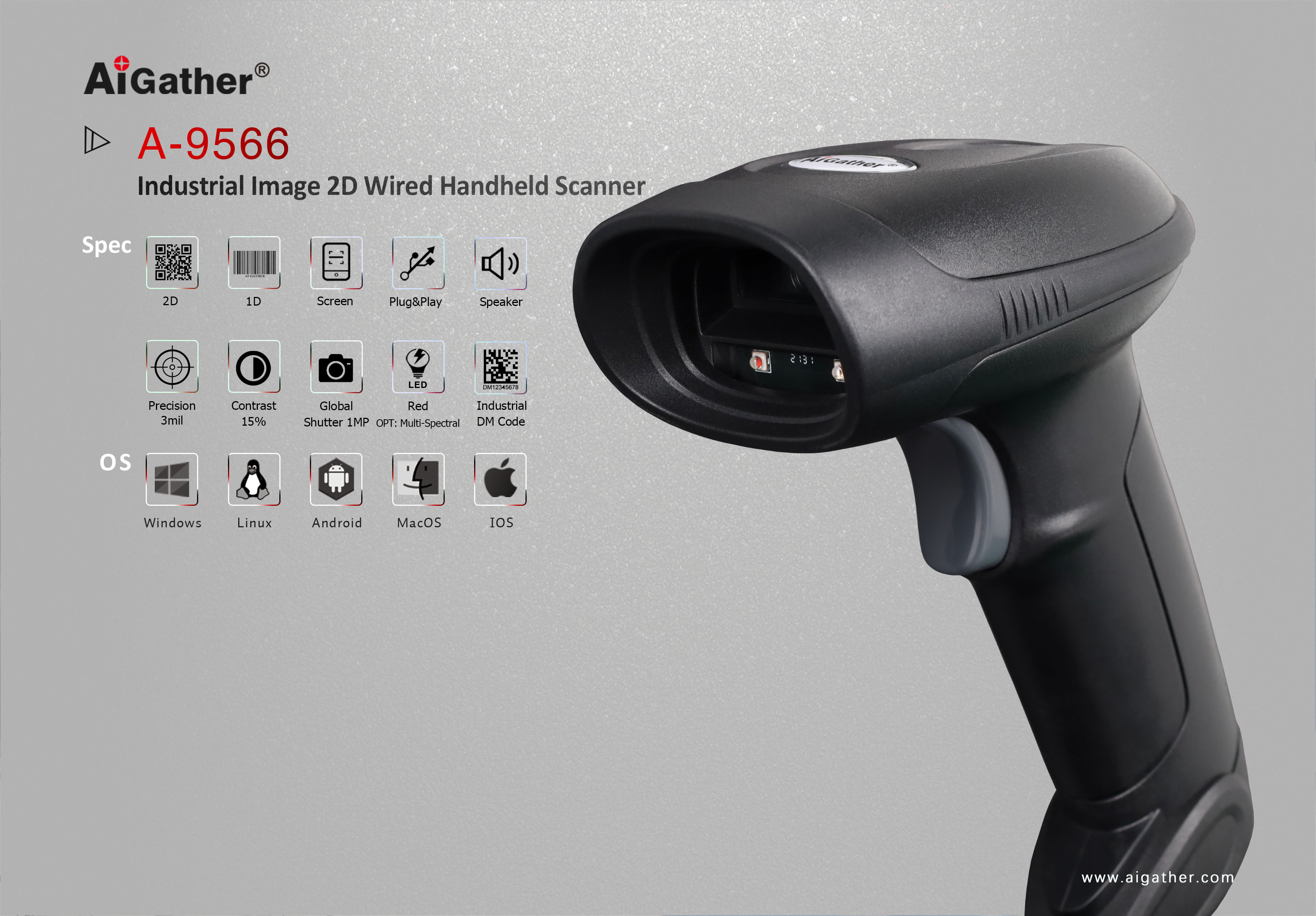 A-9566 Industrial 2D Image Handheld Barcode Scanner