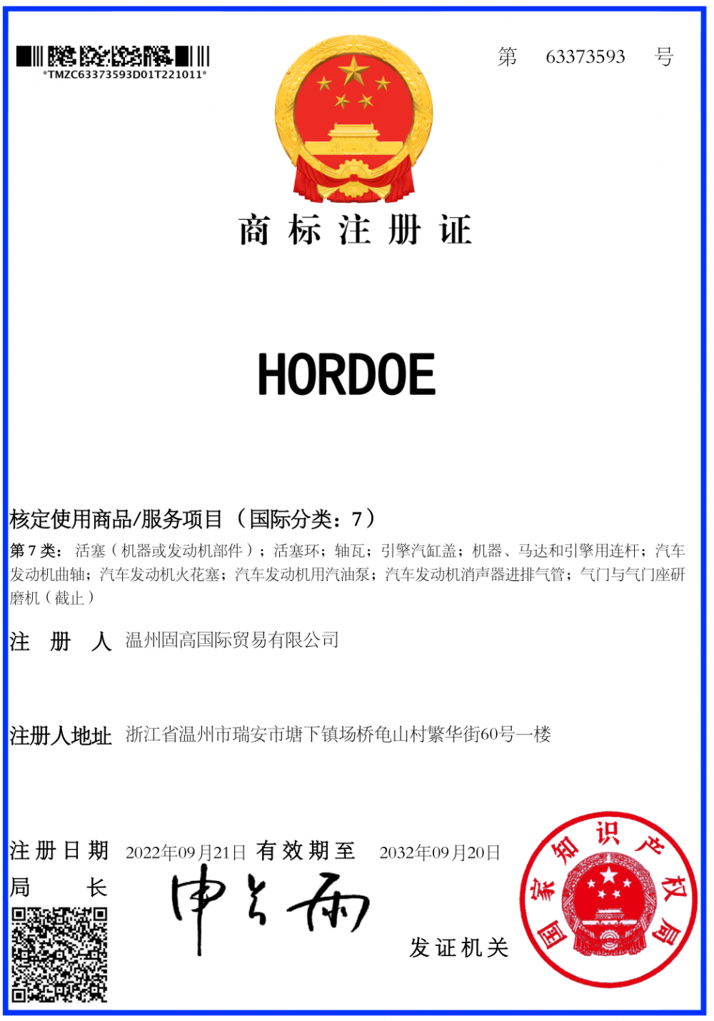 Trademark certificate