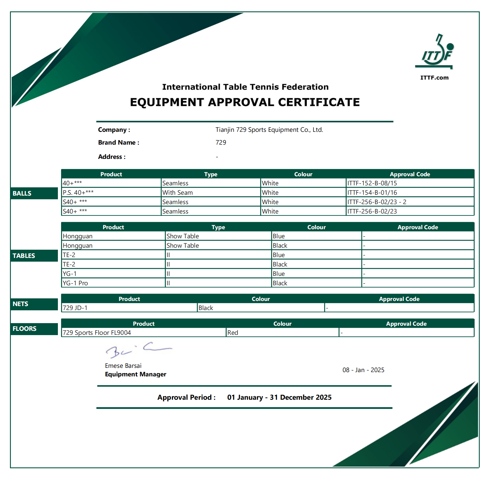 International Table Tennis Federation-Equipment Approval Certificate