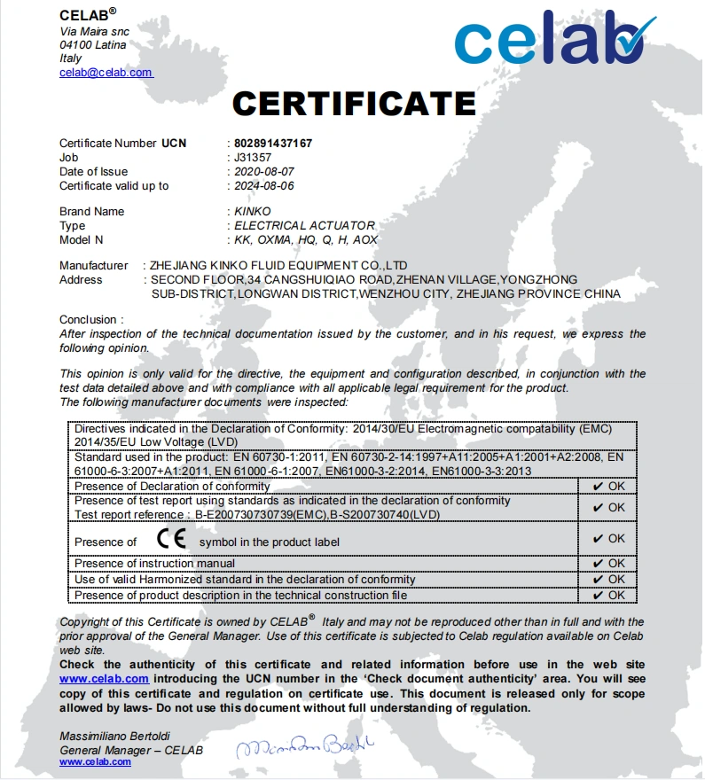 Certificates ZHEJIANG KINKO FLUID EQUIPMENT CO.,LTD