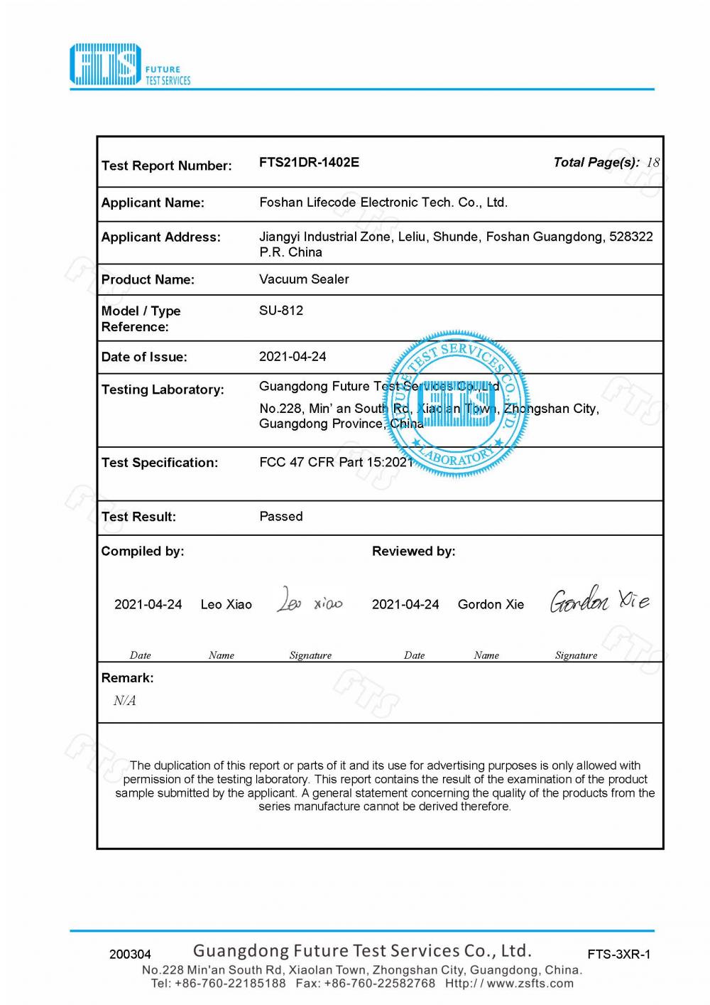 VACUUM SEALER FCC CERTIFICATION