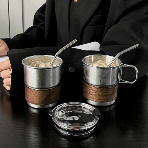 304 stainless steel step cup Coffee cup with cover outdoor camping cup restaurant beer cup thickened with cup sleeve anti-scalding