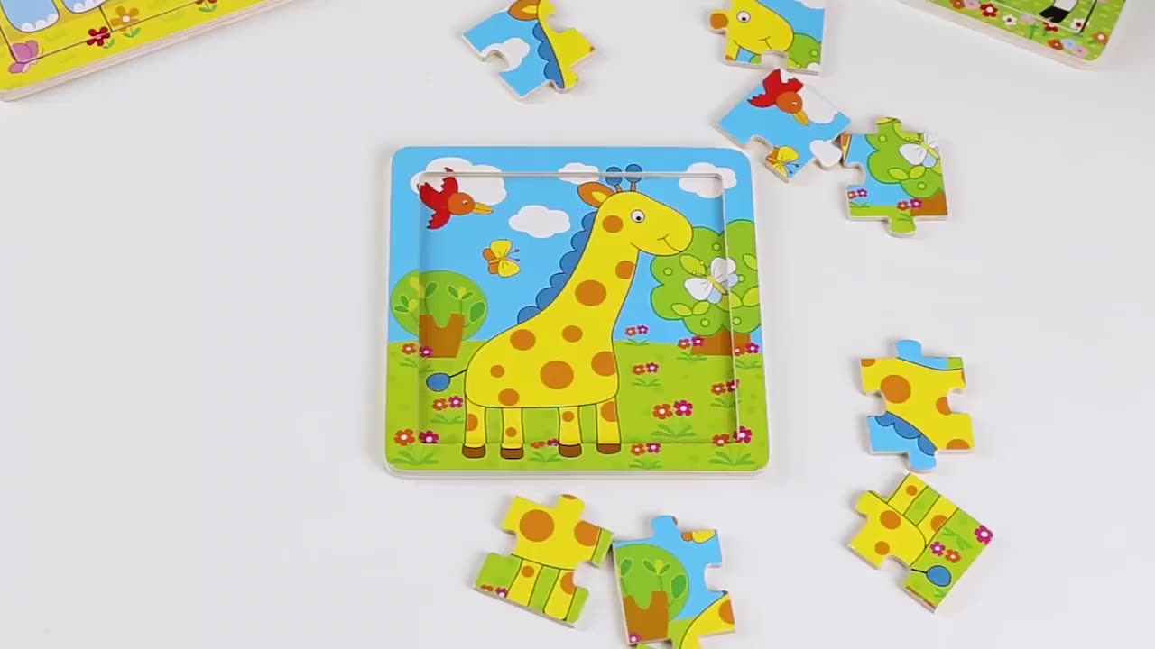 Kids Play Toy Puzzles Jigsaw Animals Educational Bamboo Sublimation Puzzle 12 Pieces with Baseboard/1