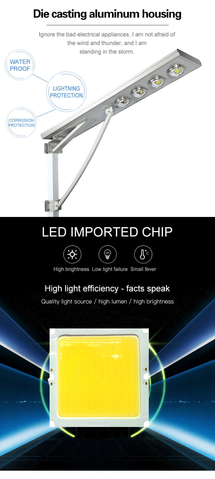 Alta eficiência à prova d'água ao ar livre Ip65 50W 100W 150W 200W Tudo em um Poste de luz solar LED integrado