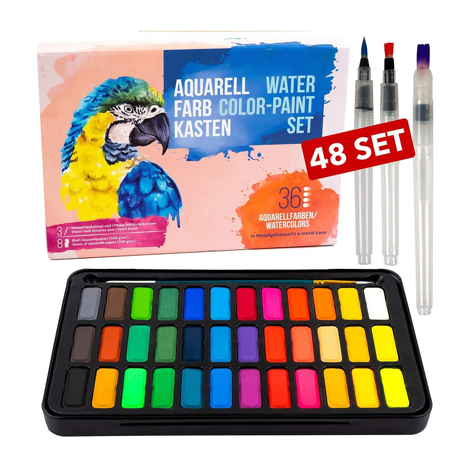 Amazon Hot Selling 36colors Watercolor Paint Set With 300G Watercolor Pad There Water Brush Pens acuarelas aquarela1