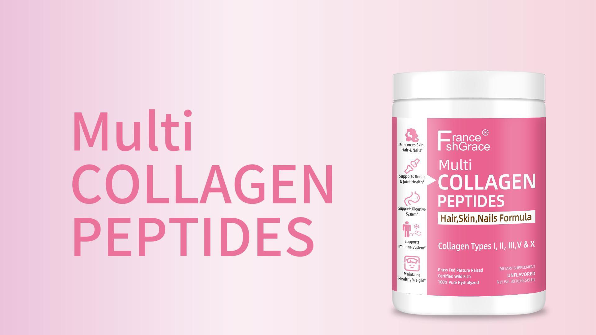 Peptídeos de colágeno em pó - tipo I, II, III, V, X - Peptídeos de colágeno hidrolisado com ácido hialurônico de vitamina C, suporta unhas de cabelo e junta da pele
