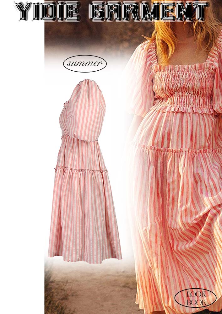 Striped Tiered Pink Midi Dresses