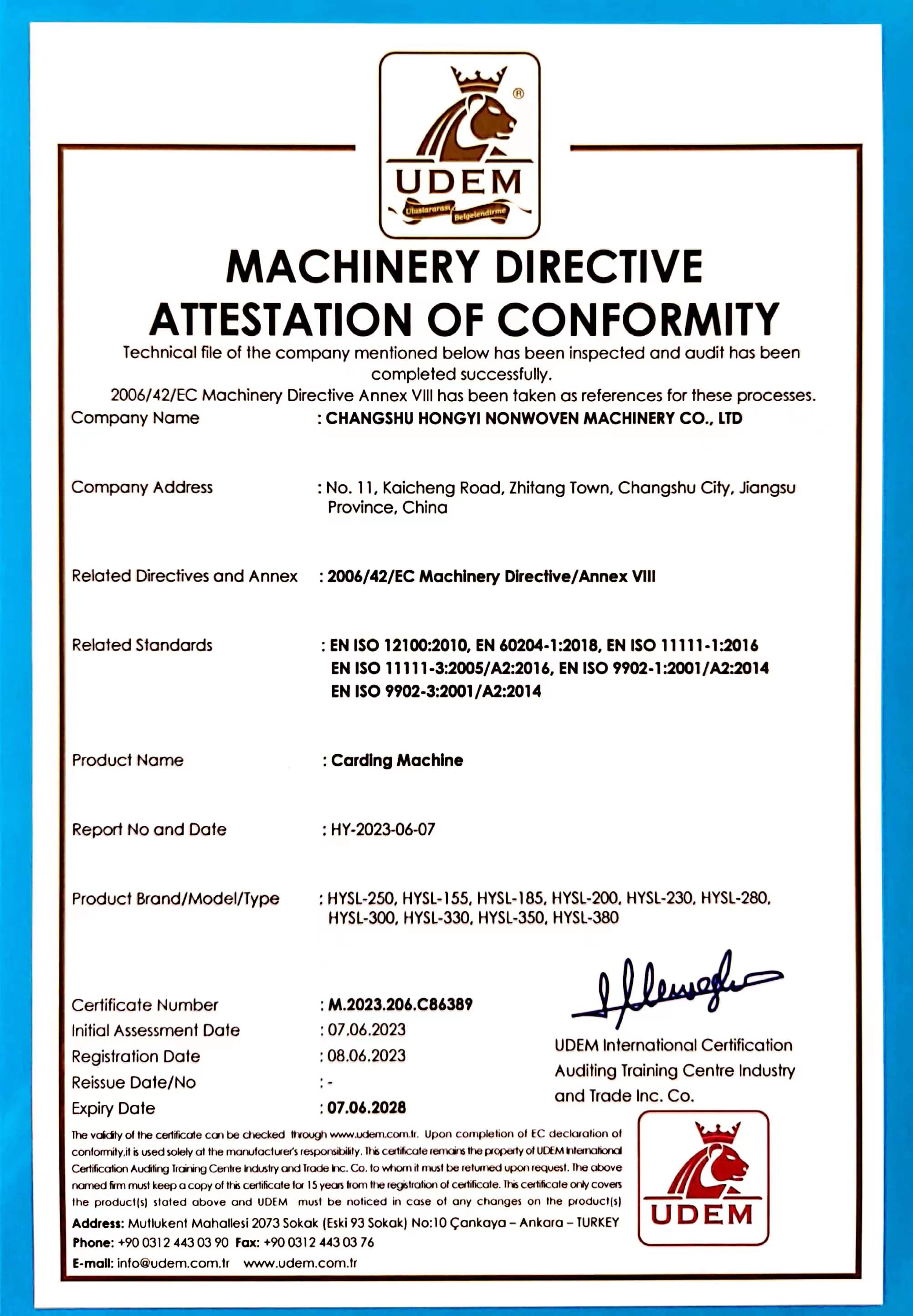 Machinery Directive Attestation of Conformity