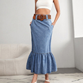 Summer & Autumn High Waist Mermaid Hem Denim Skirts: Cute Print, Maxi Length, Pockets & Button Decor - Perfect for Casual Occasions1