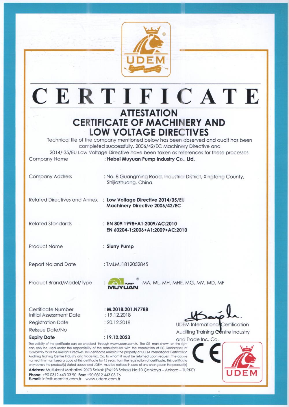 ATTESTATION CERTIFICATE OF MACHINERY AND LOW VOLTAGE DIRECTIVES