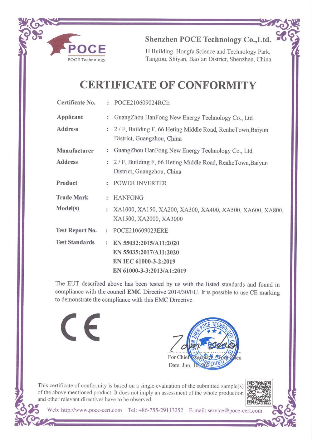 CERTIFICATE OF CONFORMITY