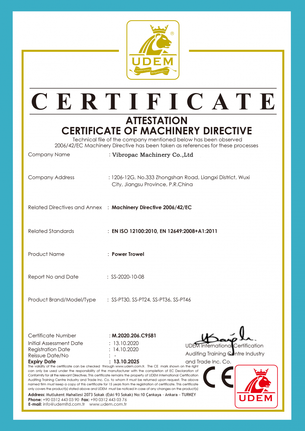 ATTESTATION CERTIFICATE OF MACHINERY DIRECTIVE