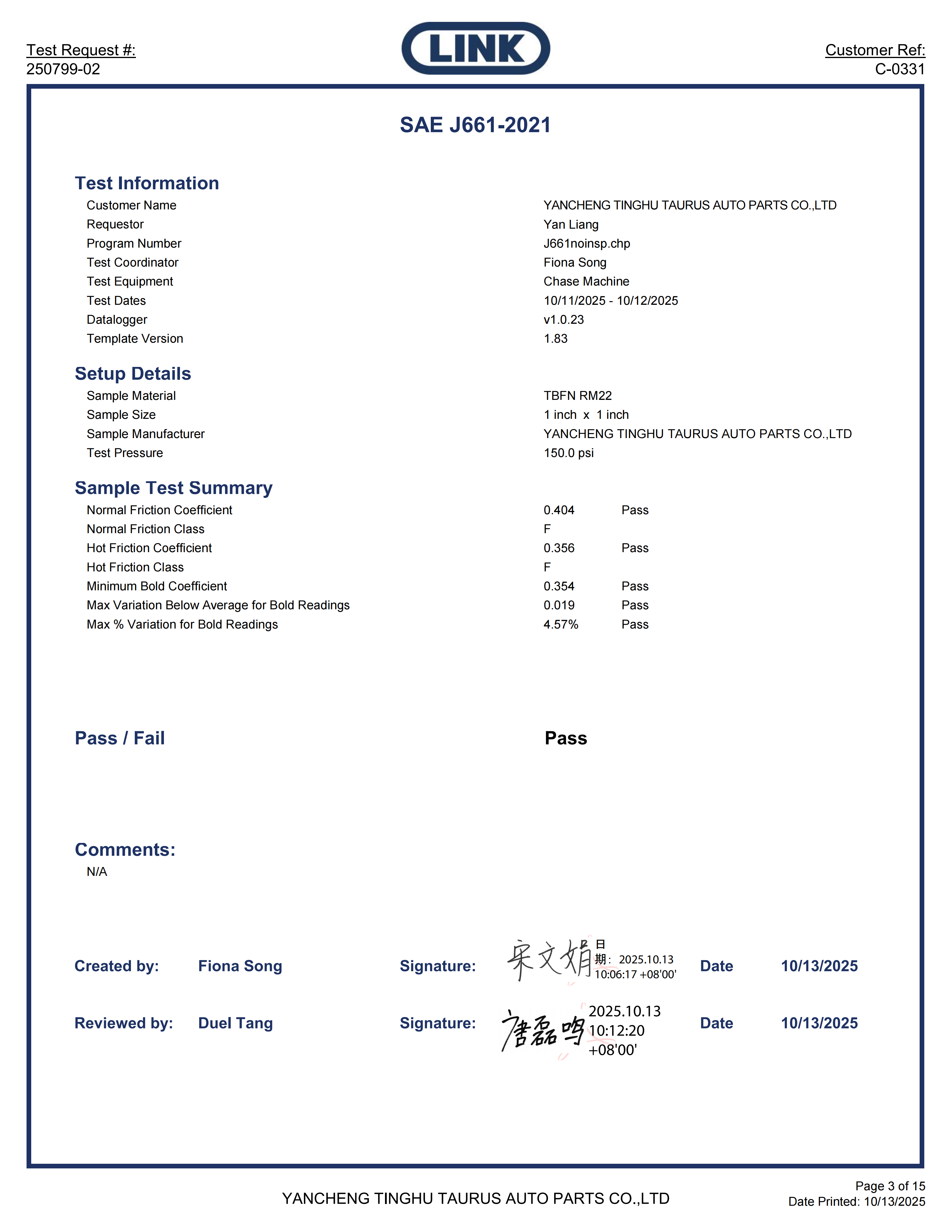 Physical property test Report of Braking Materials