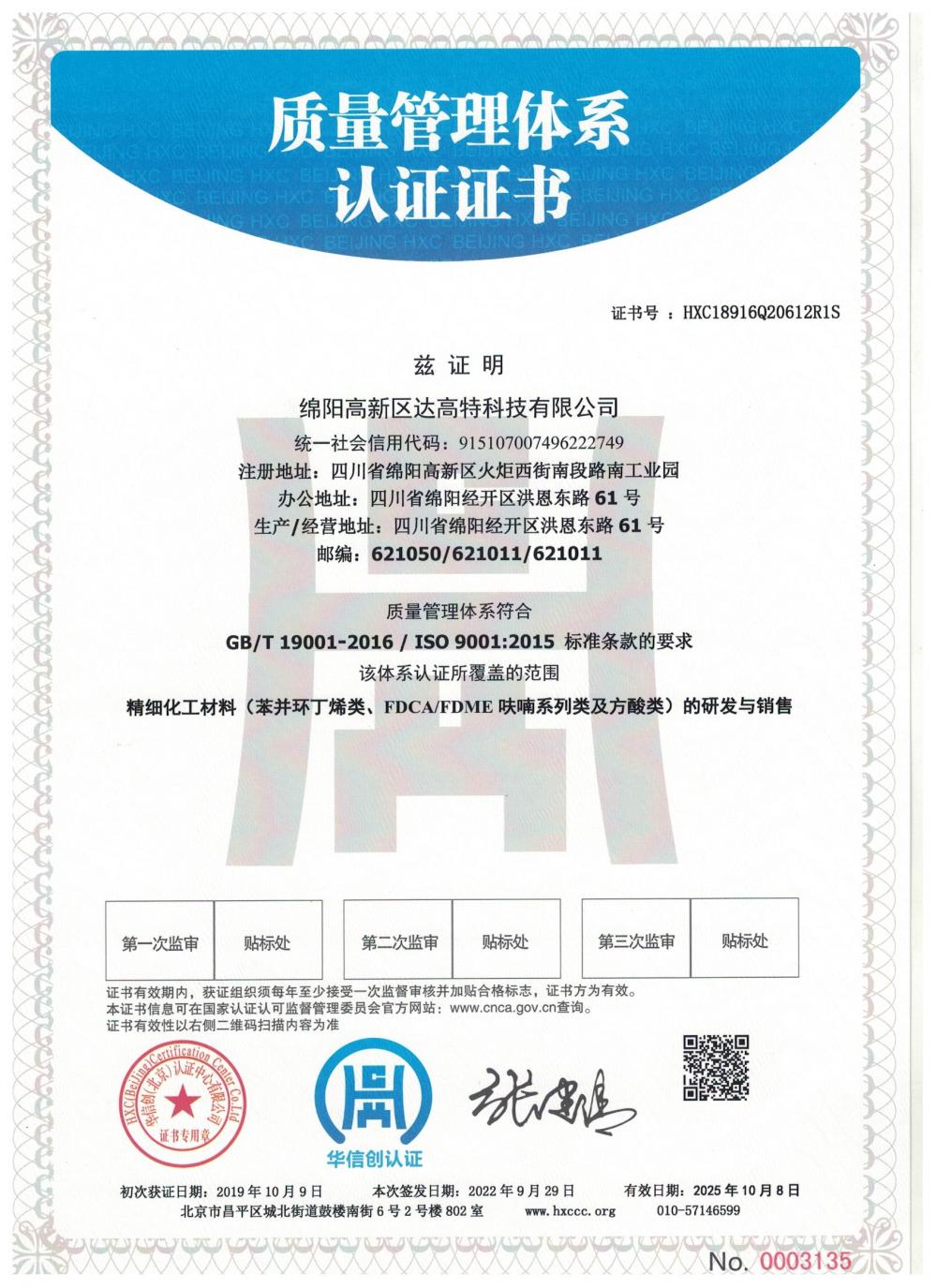 Quality Management System Certificate