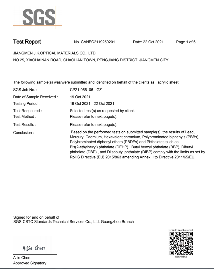 Plexiglass Sheet SGS report