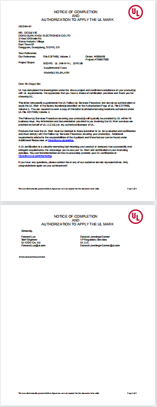 NOTICE OF COMPLETION AND AUTHORIZATION TO APPLY THE UL MARK