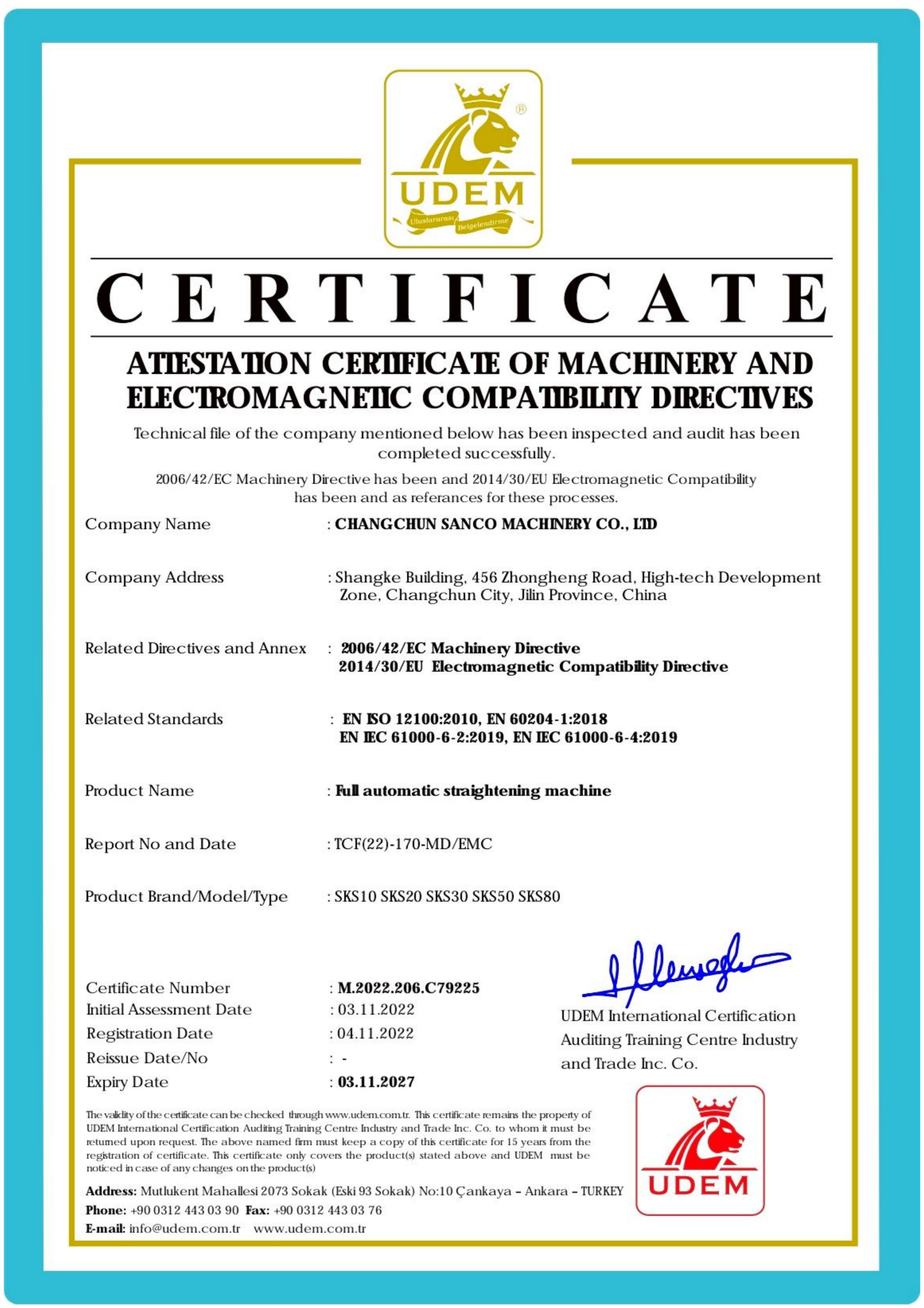 ATIESTAIION CERIIFICATE OF MACHINERY ANDELECTROMAGNEIIC COMPATIBILIIY DIRECIIVES