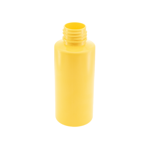 Garrafa cilíndrica PET de plástico amarelo de 60 ml (2 onças) com gargalo de 24 mm para embalagens de cosméticos