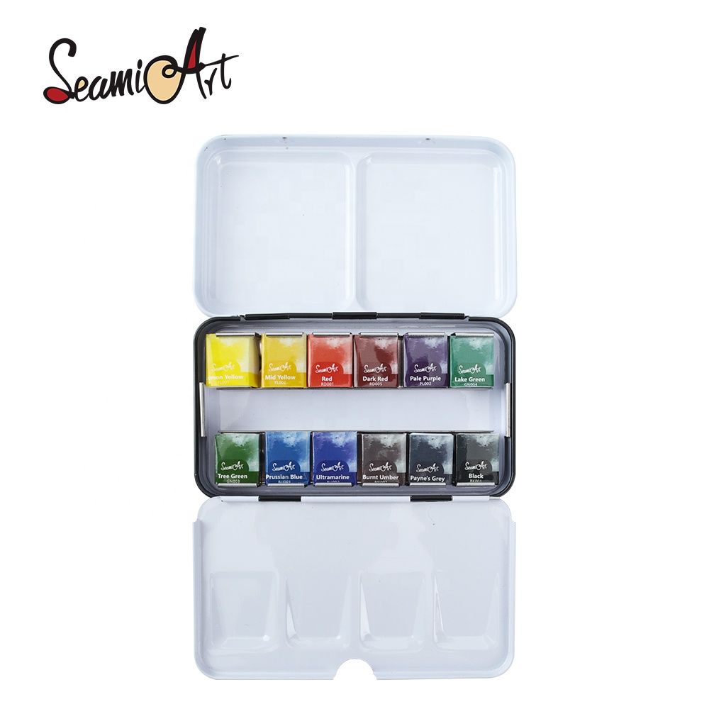 Hoogwaardige Seamiart 12 kleuren Professionele massief waterverf Half Pan Tin Box Set1