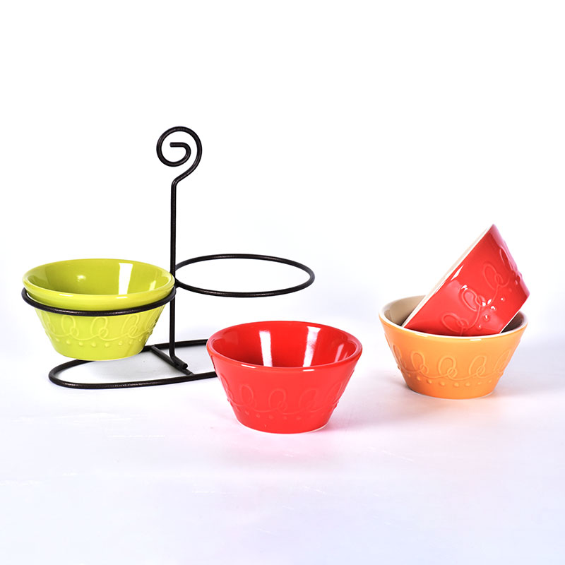 Amazon Factory wholesale Snacks Serving Ceramic Small Sauce Dipping Bowls with Iron Stand