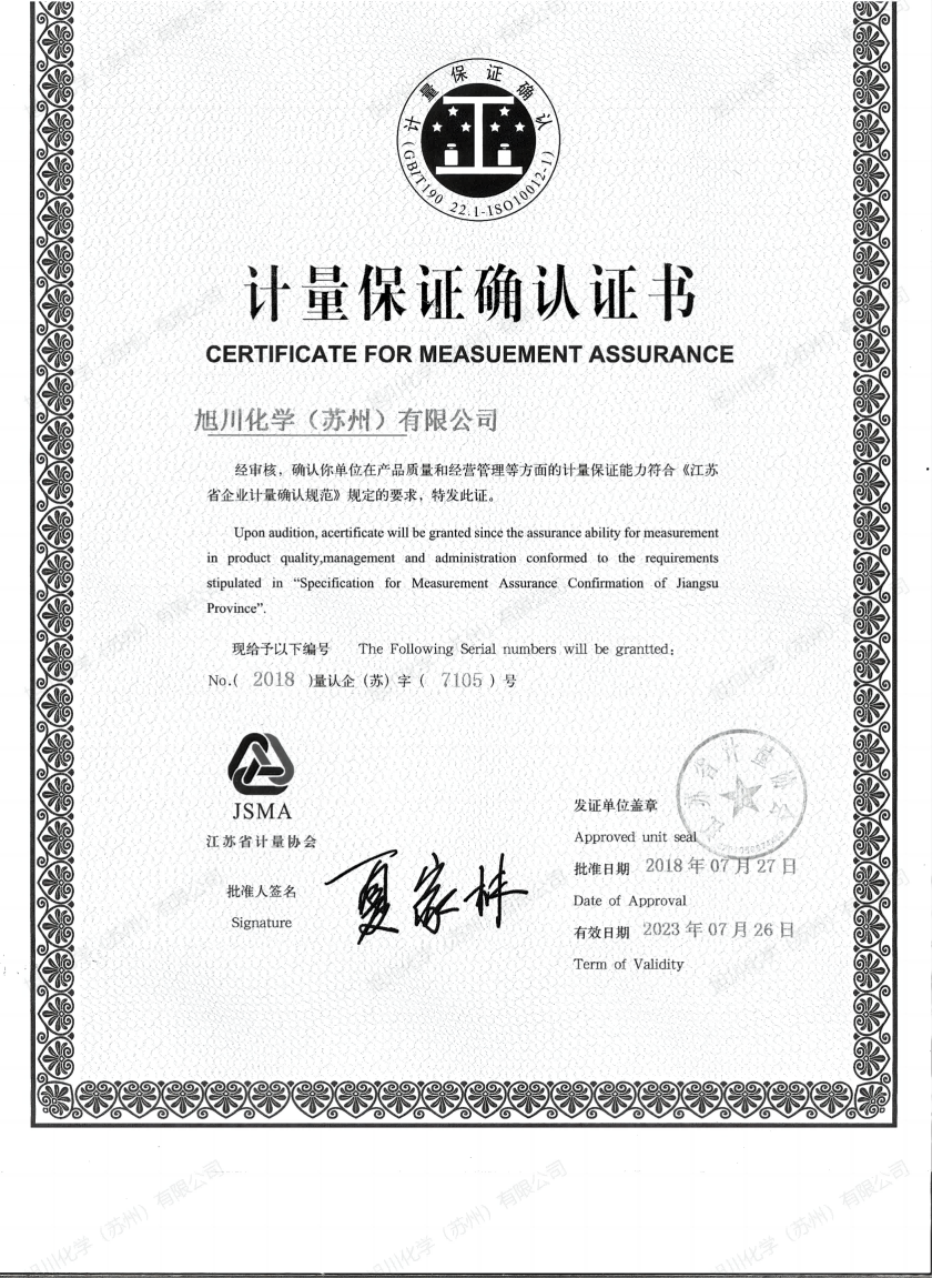 CERTIFICATE FOR MEASUEMENT ASSURANCE