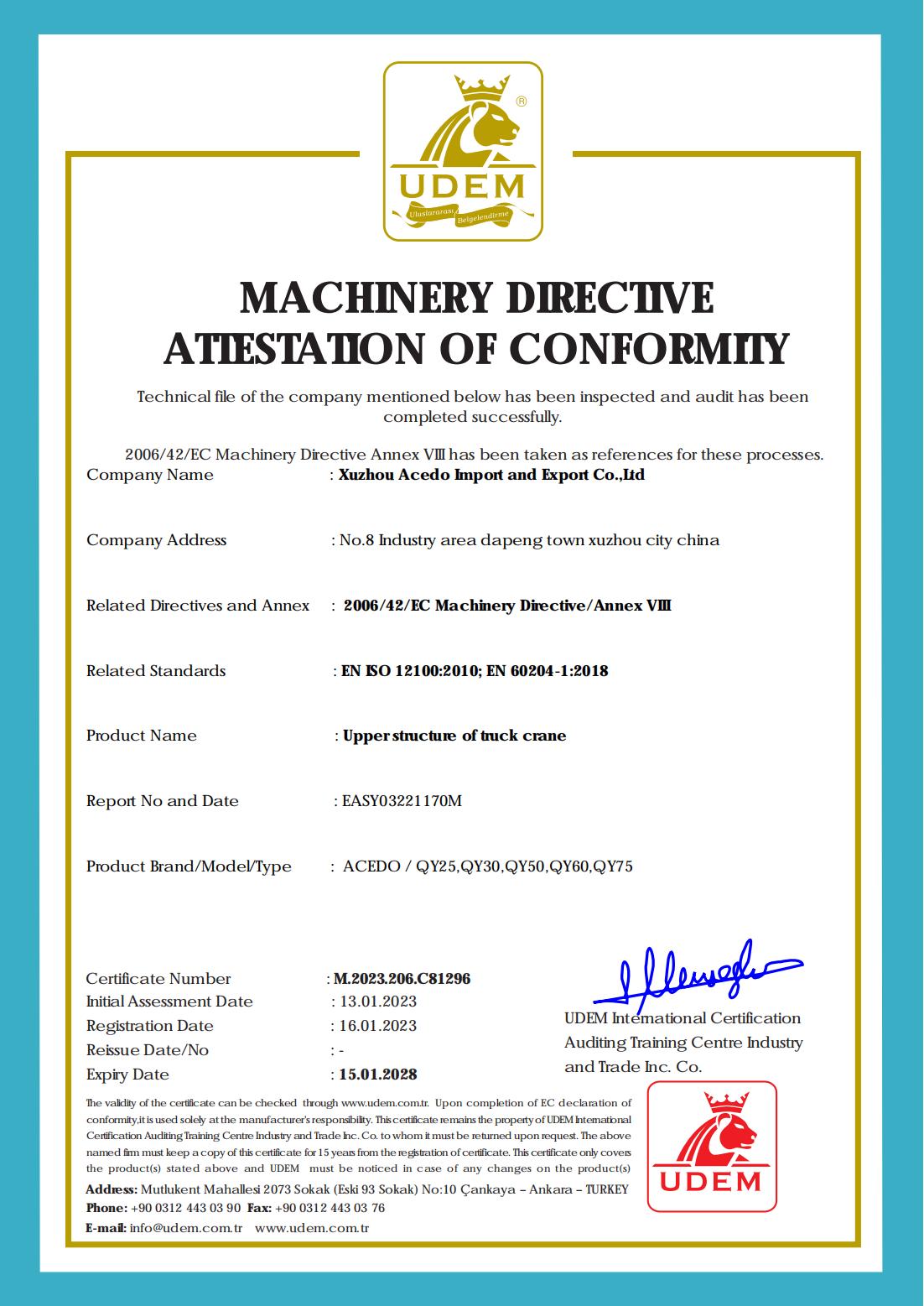 MACHINERYDIRECTVE ATIESTATONOF CONFORMIIY