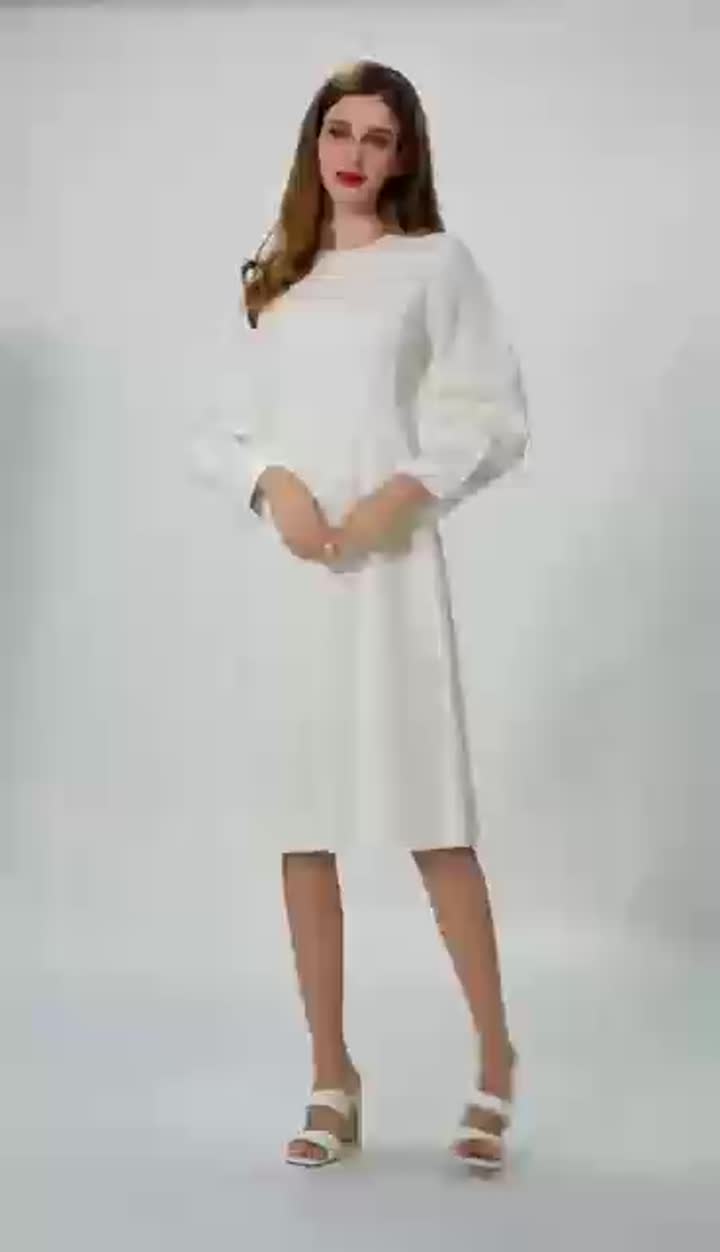 White Long-sleeved Dress with a Small Round Collar