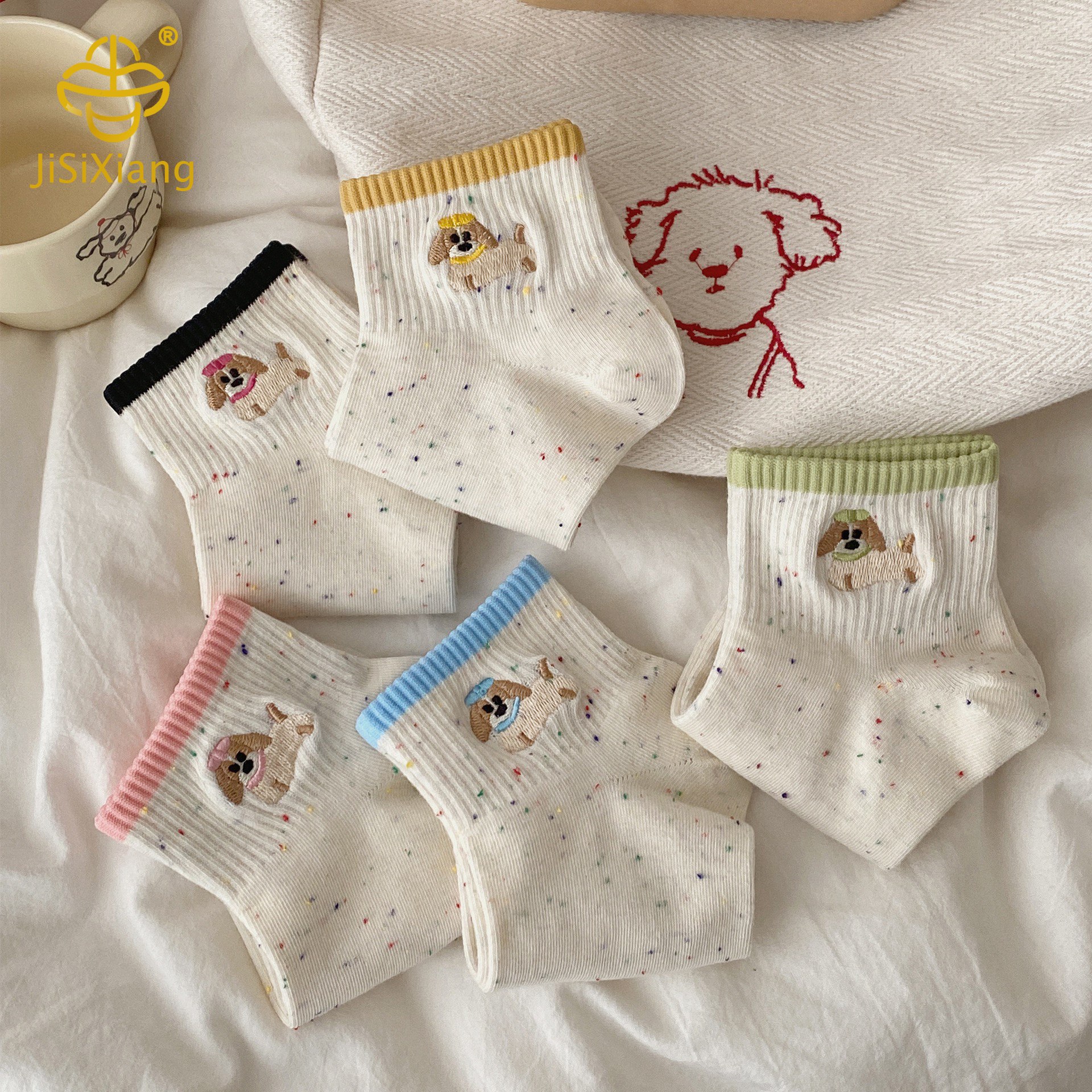 자수 양말 대학 스타일 대비 색상 아이디어 원사