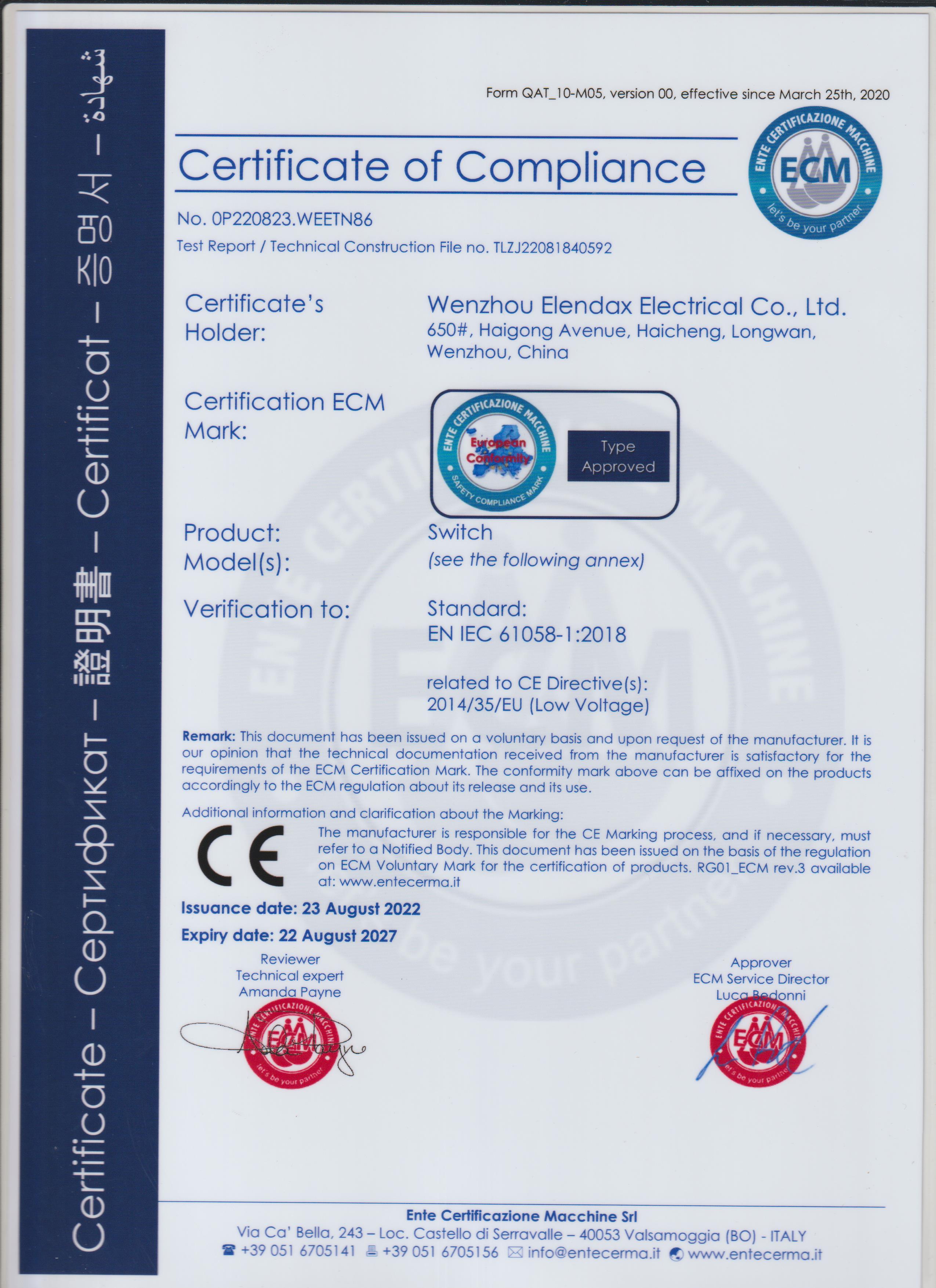 Certificate of Compliance to switch