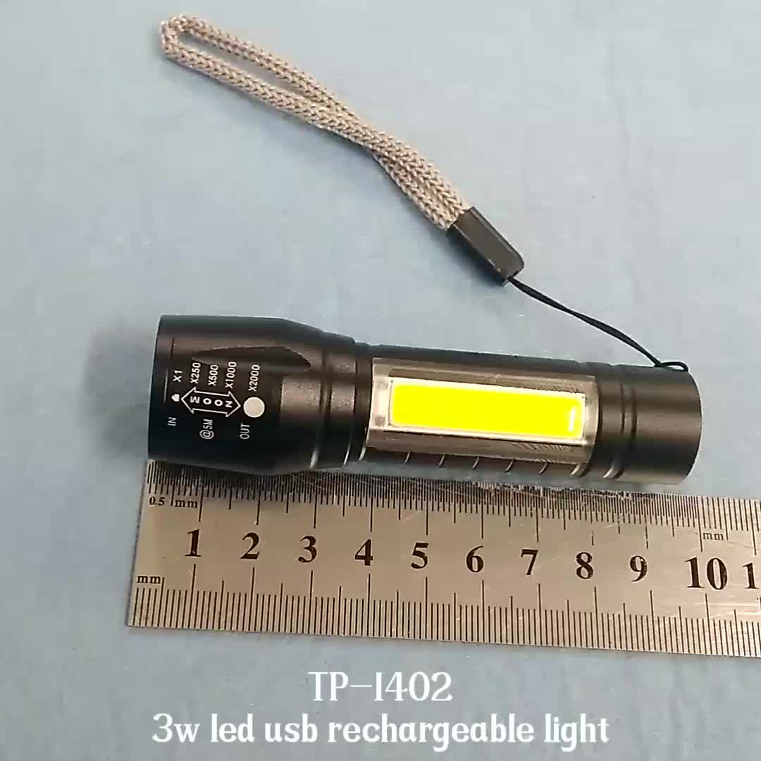 Mini USB Rechargeable Zoom Torch Light 3W XPE LED COB Flashlight1