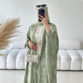 کافتان اوپن ابایا کیمونو براق آستین خفاشی شیمر کت و شلوار یکرنگ ژاکت کش باف پشمی مراکشی روسری 1