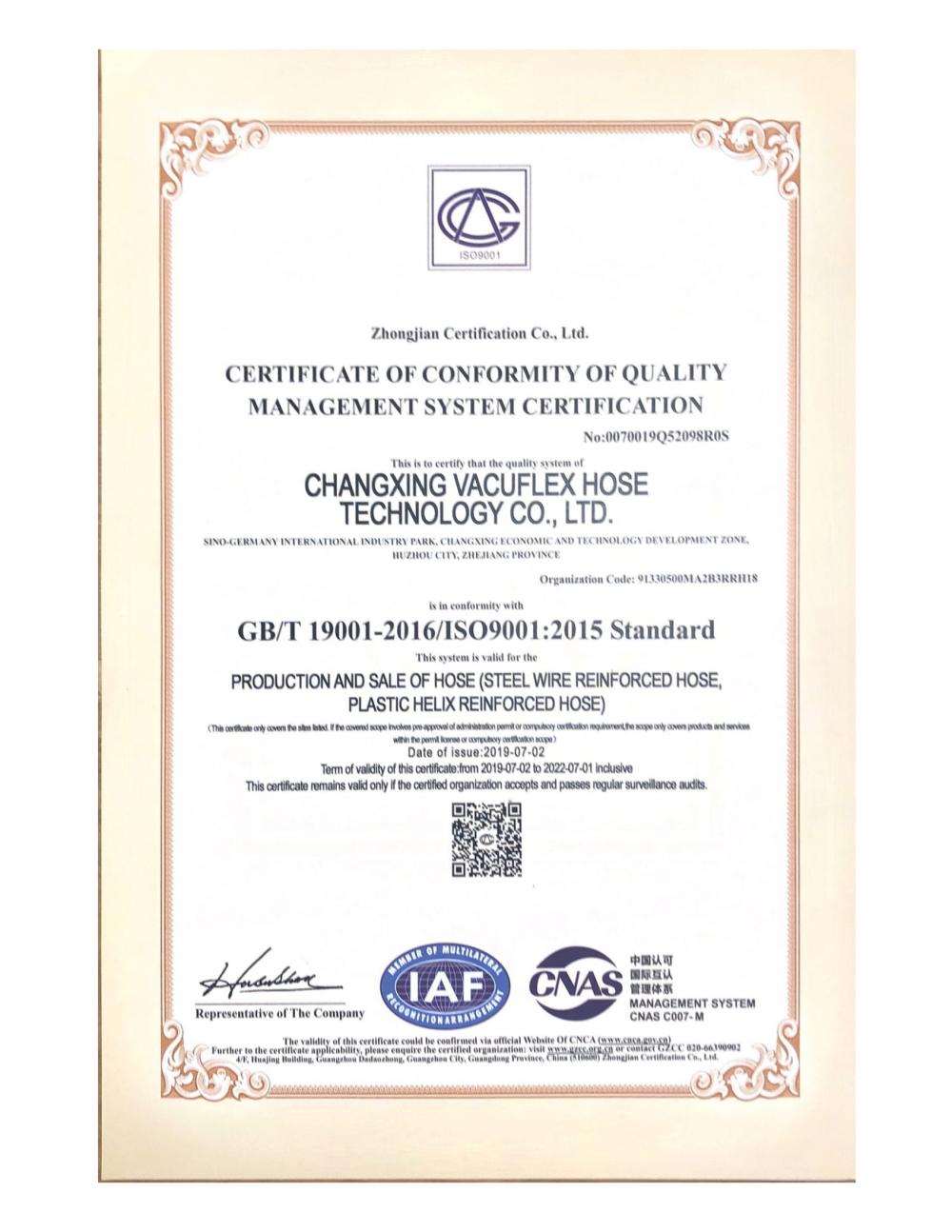 CERTIFICATE OF CONFORMITY OF QUALITY MANAGEMENT SYSTEM CERTIFICATION