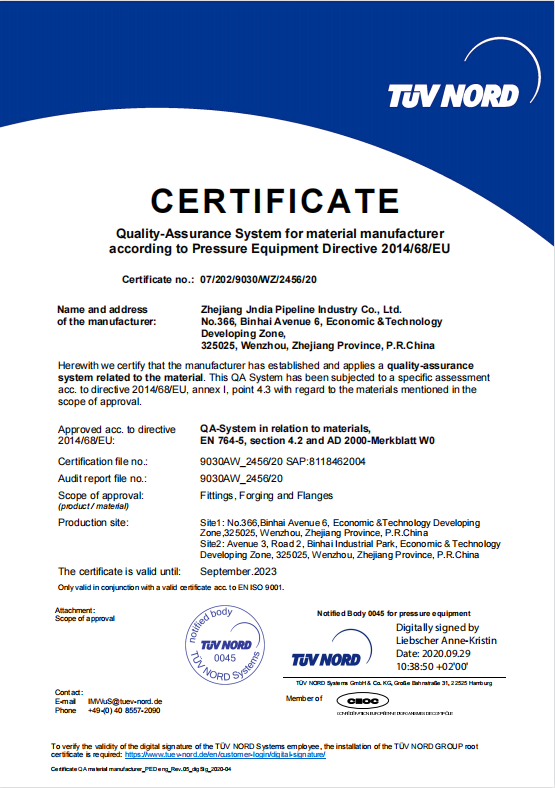 TUV-NORD Certificate of PED 2014/68/EU