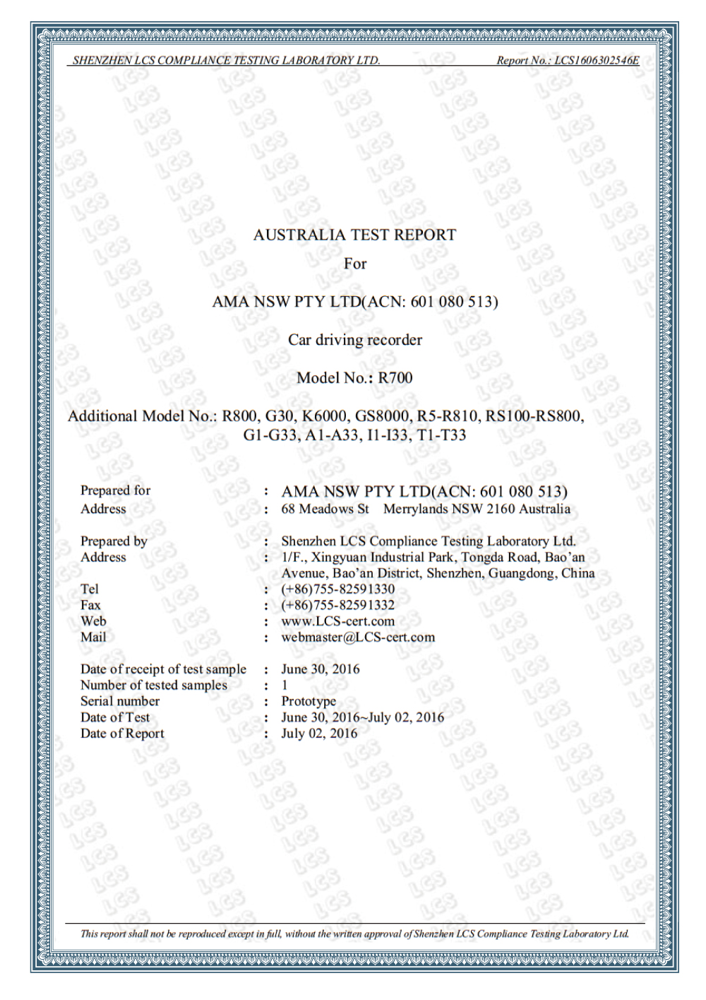 AUSTRALIA TEST REPORT FOR AMA NSW  PTY LTD 