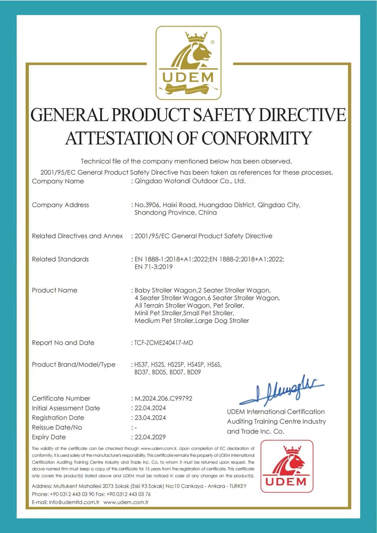 GENERAL PRODUCT SAFETY DIRECTIVE ATTESTATION OF CONFORMITY