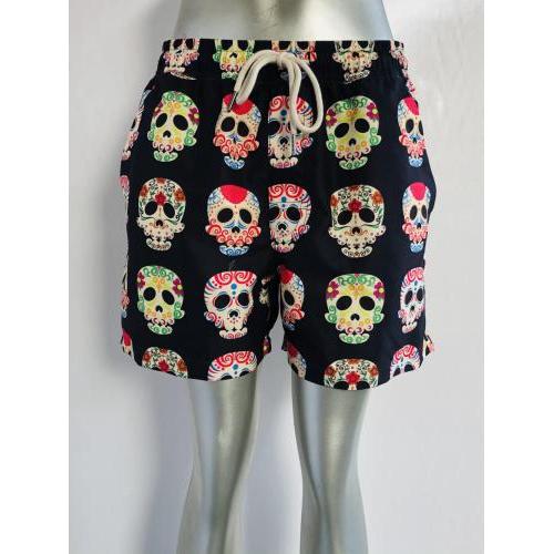 Elevate Your Beach Style with Black Skull Print Men's Beach Shorts