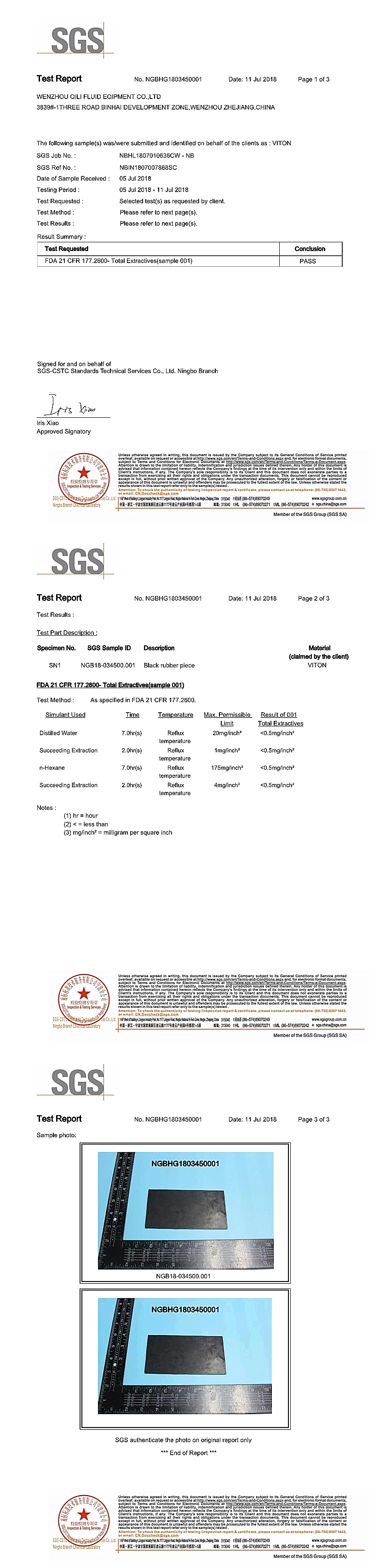 3A Certificate For Gaskets Of VITON