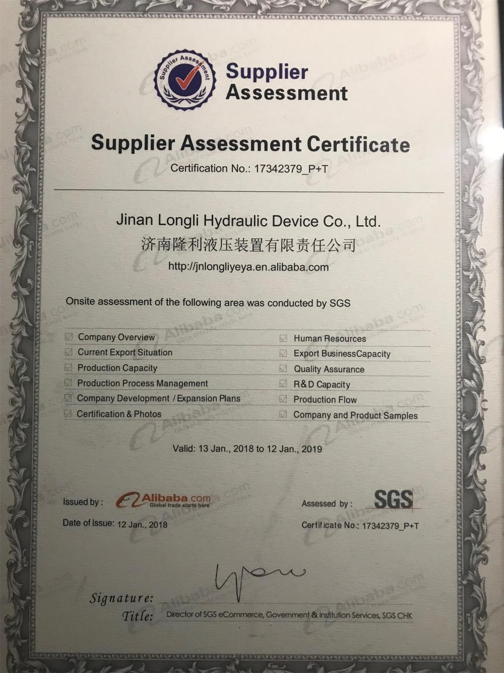 Supplier Assessment Certificate by SGS