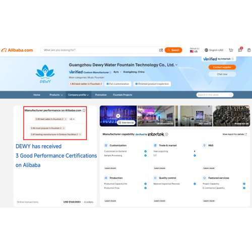 DEWY Fountain Factory é classificada como fabricante líder em instalações externas no Alibaba